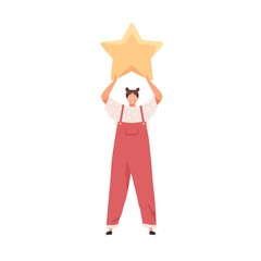 Tiny satisfied client giving feedback, holding golden star. Good rating, service assessment and positive customer experience concept. Colored flat vector illustration isolated on white background