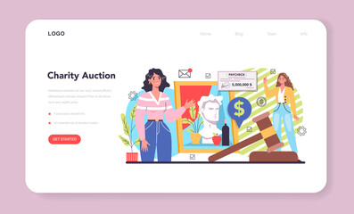 Charity auction web banner or landing page set. People or volunteer sell stuff