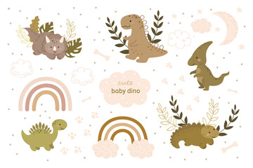 Cute little dinos characters set. Cartoon dinosaurs animal for kids cards, baby shower, birthday invitation, house interior. Bright colored childish vector illustration.