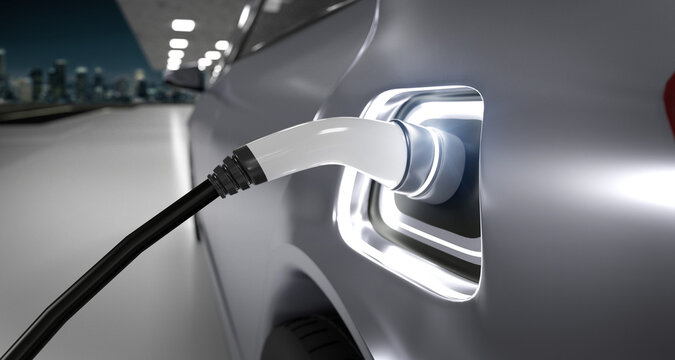 Power supply connect to electric vehicle to charge the battery - 3d rendering