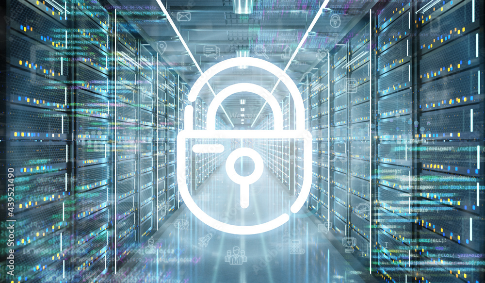 Poster digital locker icon in a server room data center - 3d rendering