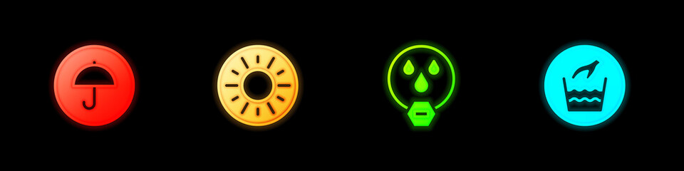 Set Delivery package with umbrella, Sun, Water drop forbidden and Hand wash laundry icon. Vector