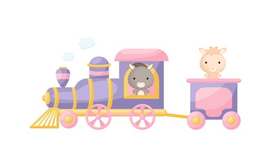 Naklejka premium Cute cartoon violet train with donkey driver and alpaca on waggon on white background. Design for childrens book, greeting card, baby shower, party invitation, wall decor. Vector illustration.