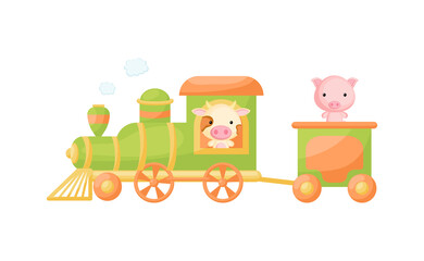 Cute cartoon green train with cow driver and pig on waggon on white background. Design for childrens book, greeting card, baby shower, party invitation, wall decor. Vector illustration.