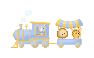 Cute cartoon blue train with rhino driver and lion, giraffe on waggon on white background. Design for childrens book, greeting card, baby shower, party invitation, wall decor. Vector illustration.