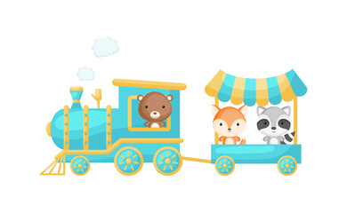 Cute cartoon turquoise train with bear driver and fox, raccoon on waggon on white background. Design for childrens book, greeting card, baby shower, party invitation, wall decor. Vector illustration.