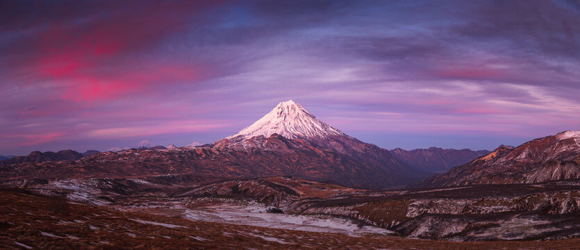 Kamchatka Peninsula, Russia, Vilyuchik, also known as Viliuchinsky or Uilyuchinsky, is a steep-sided Pleistocene-to-Holocene stratovolcano that forms a prominent landmark south of Avachinsky Bay.