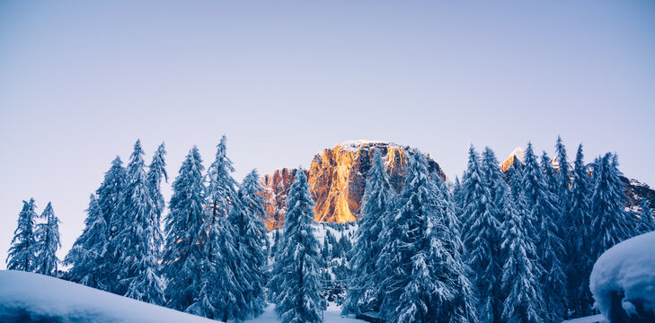 Alpine glow in the mountains at blue hour
