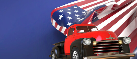 4th of July, vintage truck Firework for Independence Day and American flag for Memorial. United States flags. banner, Left Side Copy Space on blue Background. - 3d Rendering