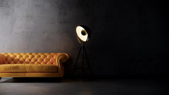 leather sofa on the classic wall. black wall and wooden floor. pan left shot video 4k 3d animation