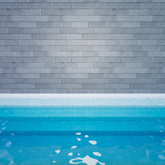 3D illustration rendering. Gray brick wall with white step floor and blue water bottom. Image for presentation.