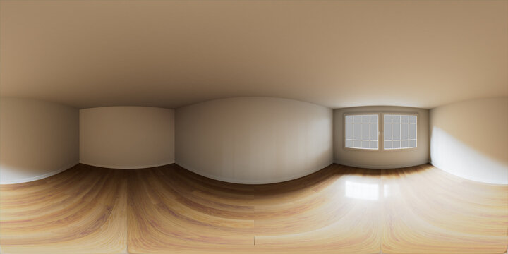 HDRI Environment Map. Empty White Room with Wood Floor. Window illuminates the space with bright natural Light.