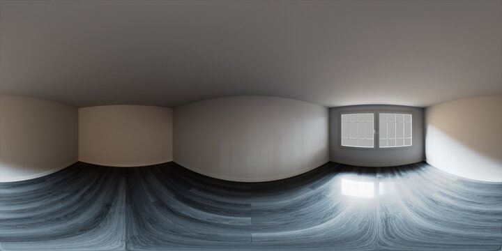 HDRI Environment Map. Empty White Room with Grey Wood Floor. Window illuminates the space with bright natural Light.
