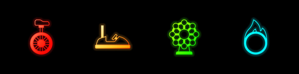 Set Unicycle or one wheel bicycle, Bumper car, Ferris and Circus fire hoop icon. Vector © Kostiantyn