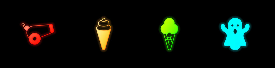 Set Cannon, Ice cream in waffle cone, and Ghost icon. Vector