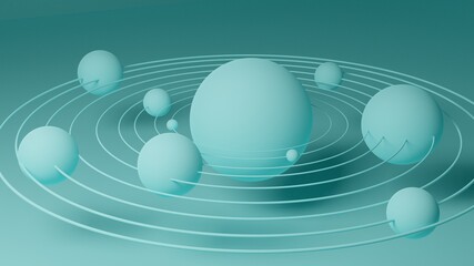 3d planets orbiting solar system on a yellow background