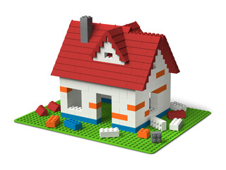 Colorful toy block house under construction, 3d building home concept