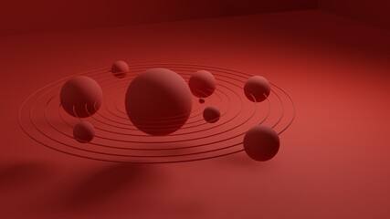 3d planets orbiting solar system on a red background