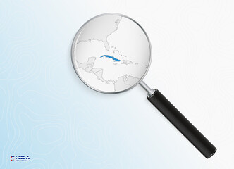 Magnifier with map of Cuba on abstract topographic background.