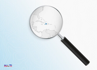 Magnifier with map of Haiti on abstract topographic background.