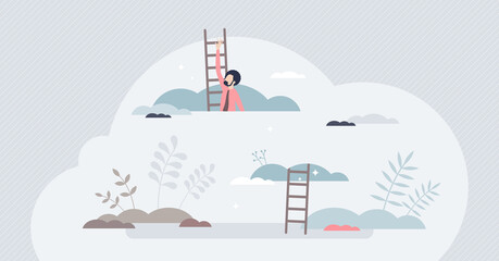 Fototapeta na wymiar Aspiration to reach high goals and business targets tiny person concept. Climbing above clouds as big dreams and career opportunities symbol vector illustration. Personal development and leader growth