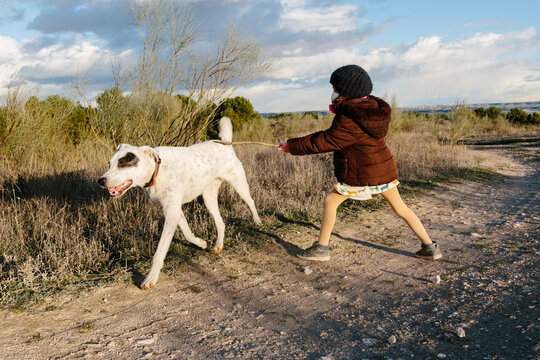 Kid and dog outdoors in the countryside