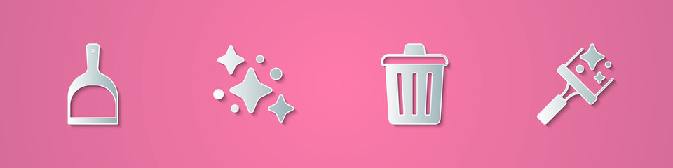 Set paper cut Dustpan, Home cleaning service, Trash can and Rubber cleaner for windows icon. Paper art style. Vector