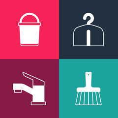 Set pop art Handle broom, Water tap, Hanger wardrobe and Bucket icon. Vector