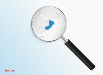 Magnifier with map of Oman on abstract topographic background.