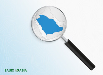 Magnifier with map of Saudi Arabia on abstract topographic background.