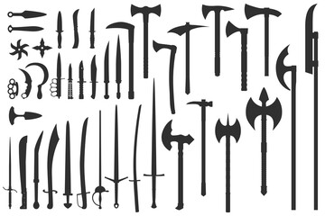 Cold steel arms: swords, axes, sabers, knives. Set of vector silhouettes. Illustration of steel medieval weapons. Edged weapons design.