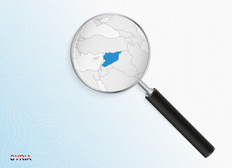 Magnifier with map of Syria on abstract topographic background.