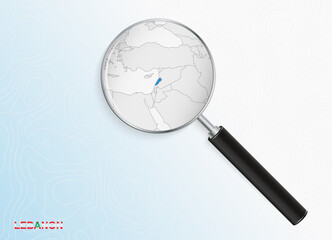Magnifier with map of Lebanon on abstract topographic background.