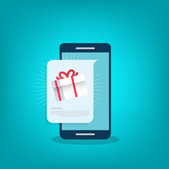 Gift box on smartphone screen. Giveaway concept. Vector illustration