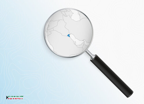 Magnifier with map of Kuwait on abstract topographic background.