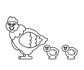 Hen and her cubs on a white background. Symbol. Vector illustration.
