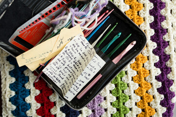 crochet hooks in case on afghan