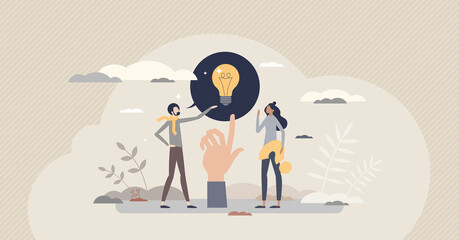 Advice and ask idea information from competent expert tiny person concept. Informative assistance and sharing consultation, explain solution or giving tips vector illustration. Coaching and answers. - obrazy, fototapety, plakaty