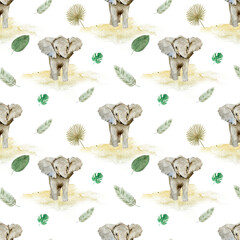 Baby Elephant. Watercolor hand-drawn seamless pattern with Baby Elephants and tropic leaves on a white background. Cute Africa Animals.