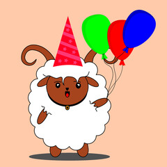 Birthday illustration of a cute sheep holding a balloon and wearing a pretty hat