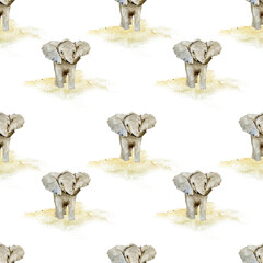 Baby Elefants Pattern. Watercolor hand-drawn Seamless pattern with Africa animal on a white background. Perfect for wrapping, scrapbooking, wallpaper, decor. 