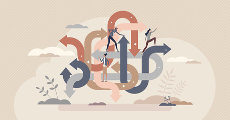 Decision making process with many solution path choices tiny person concept. Thinking difficult and complex task questions or various performance outcomes vector illustration. Career routes arrows. - obrazy, fototapety, plakaty