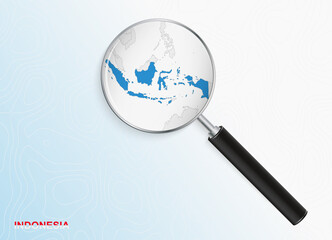 Magnifier with map of Indonesia on abstract topographic background.