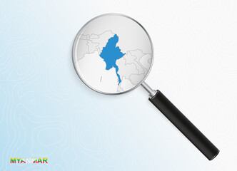 Magnifier with map of Myanmar on abstract topographic background.
