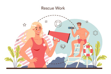 Lifeguard concept. Urgency rescuer help swimmers, surfers, and other water