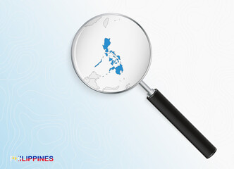 Magnifier with map of Philippines on abstract topographic background.