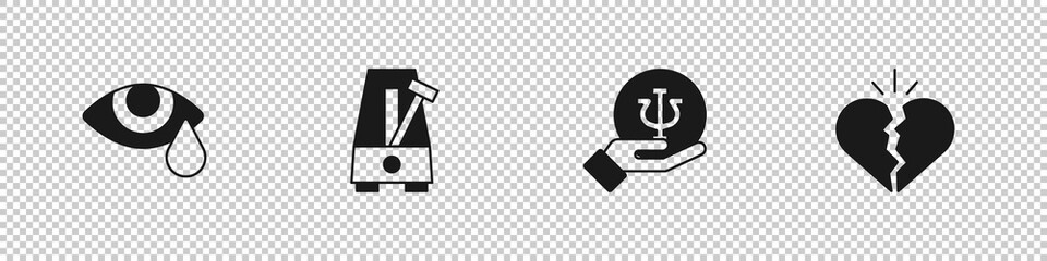Set Tear cry eye, Metronome with pendulum, Psychology, Psi and Broken heart or divorce icon. Vector