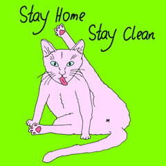 Stay Home poster with a cute cat on a green background. Hand drawn artistic vector sketch for home and public interior design