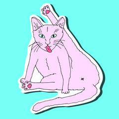 Cat vector sticker. A cute pet with a raised paw and pink tongue cleaning simple hand-drawn clip art sketch illustration with shadow on a blue background.