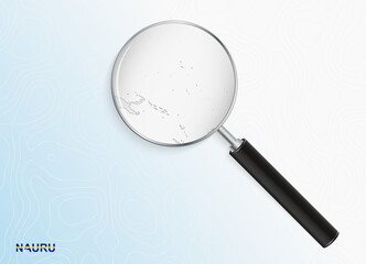 Magnifier with map of Nauru on abstract topographic background.